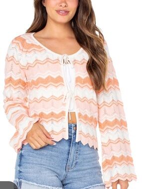Celebrity Pink Crochet Cardigan Boho Festival Tie Front Medium Pink White Beach